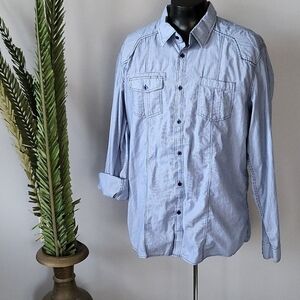 Eighty Eight Platinum blue striped button down shirt with navy seam detail